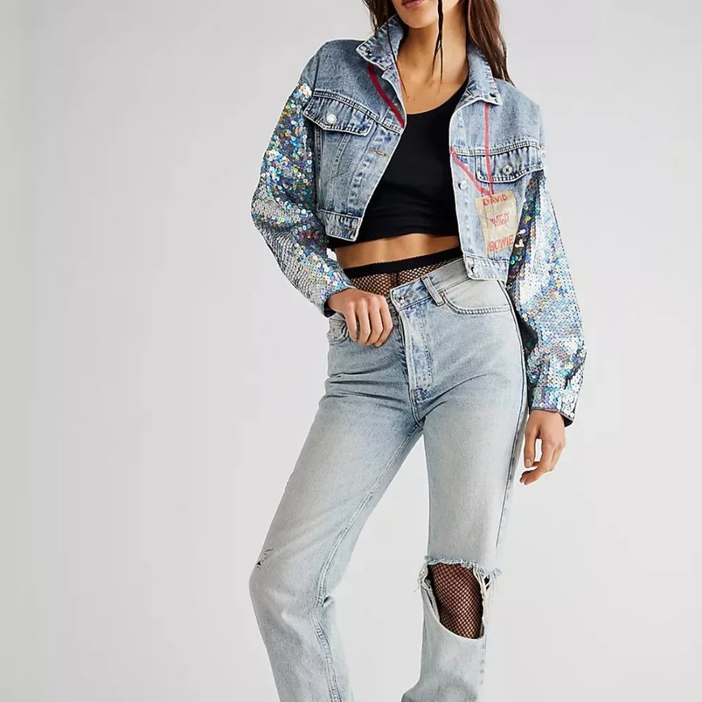 NWT Free People x Wren + Glory David Bowie Sequin Denim Jacket | OS - Picture 12 of 12